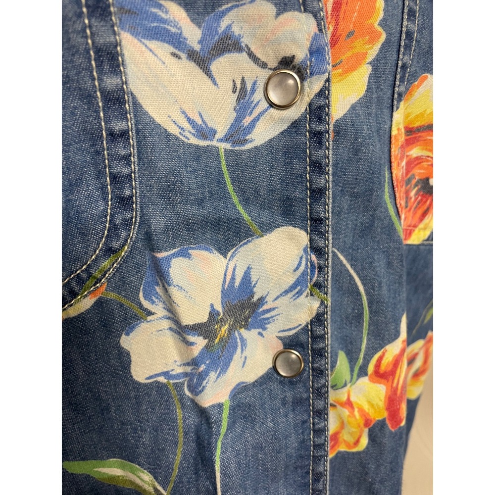 Vintage 90s Lizwear Big Flower Print Pearl Snap Denim Shirt Women's M - Picture 4 of 7